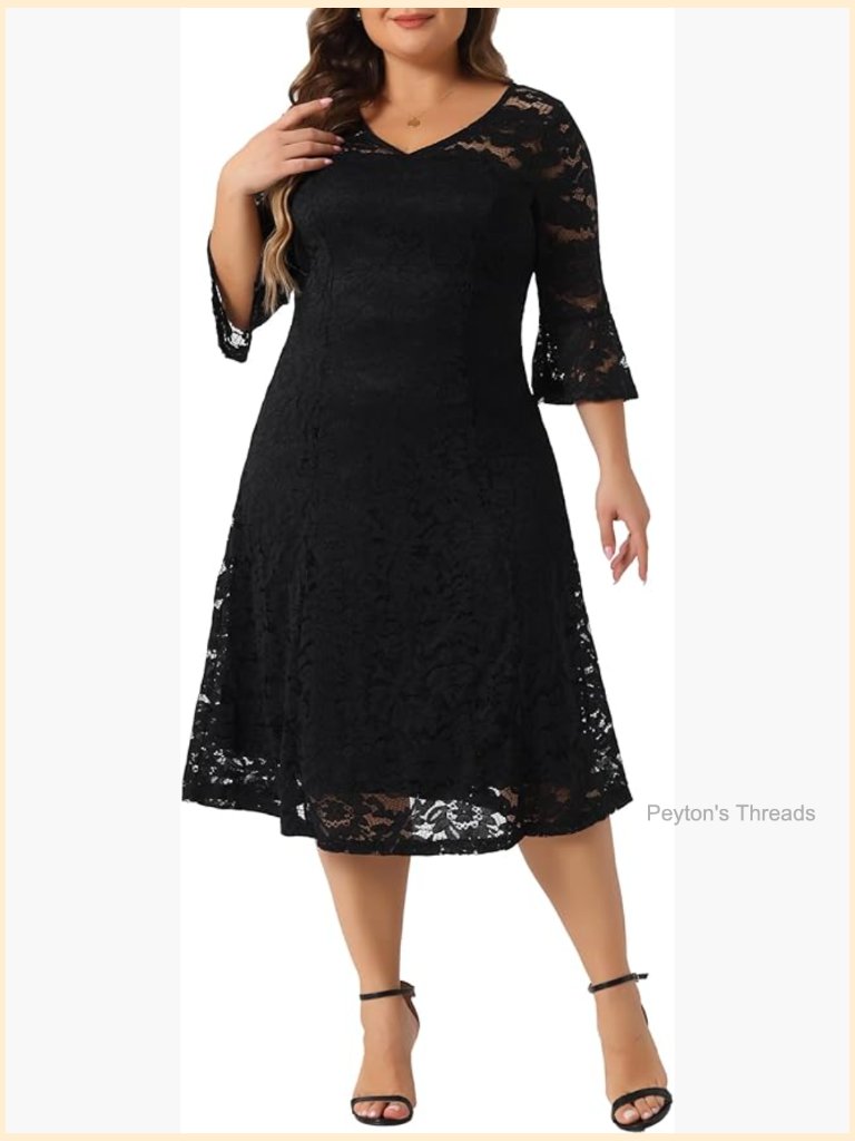 Plus Size Lace V-Neck 3/4 Sleeve Midi Swing Wedding Guest Dress